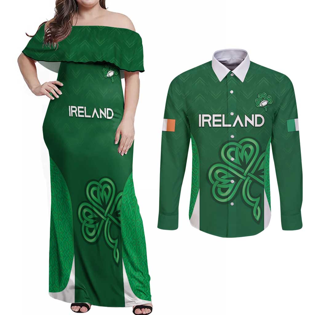 Custom Ireland Rugby Couples Matching Off Shoulder Maxi Dress and Long Sleeve Button Shirt Irish Celtic Shamrock