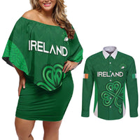 Custom Ireland Rugby Couples Matching Off Shoulder Short Dress and Long Sleeve Button Shirt Irish Celtic Shamrock