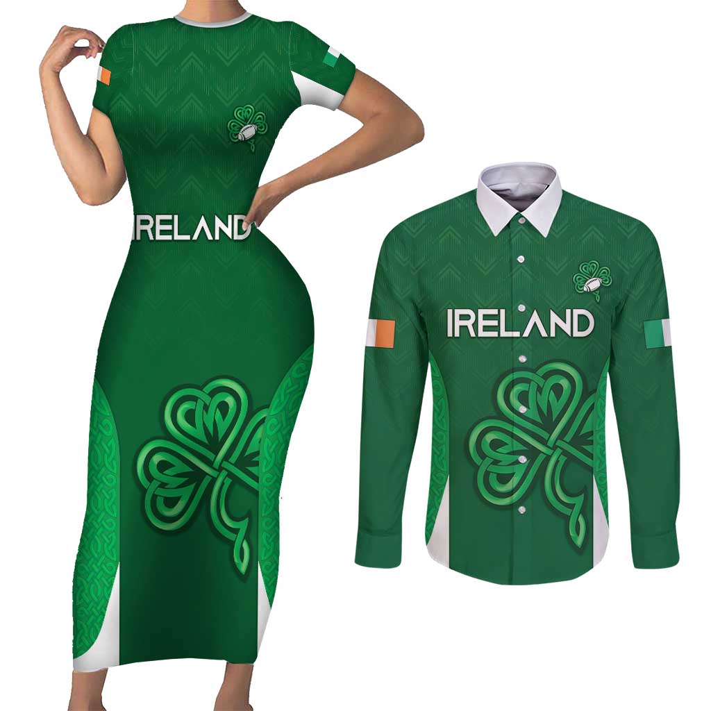 Custom Ireland Rugby Couples Matching Short Sleeve Bodycon Dress and Long Sleeve Button Shirt Irish Celtic Shamrock