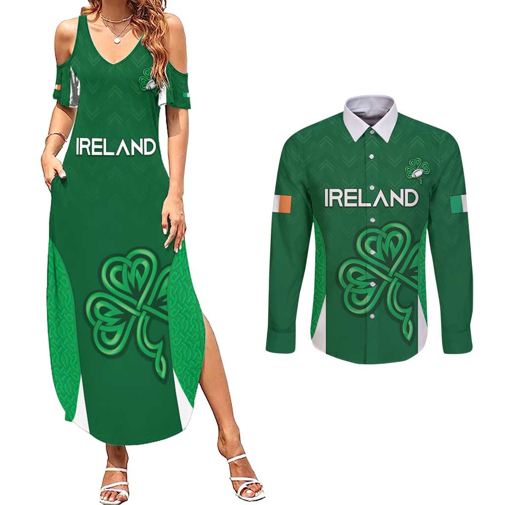 Custom Ireland Rugby Couples Matching Summer Maxi Dress and Long Sleeve Button Shirt Irish Celtic Shamrock