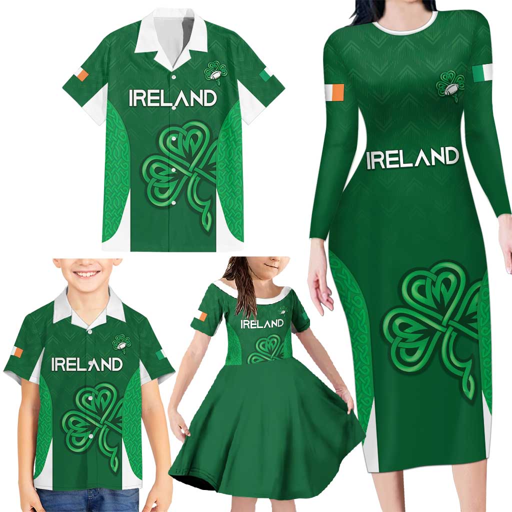 Custom Ireland Rugby Family Matching Long Sleeve Bodycon Dress and Hawaiian Shirt Irish Celtic Shamrock