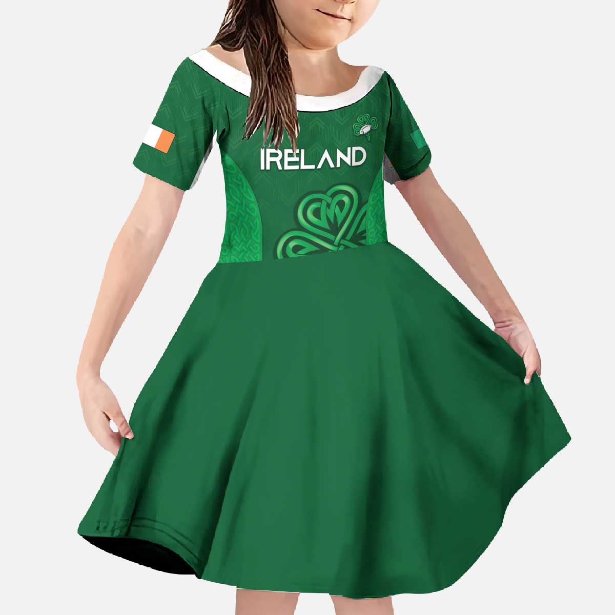 Custom Ireland Rugby Family Matching Off The Shoulder Long Sleeve Dress and Hawaiian Shirt Irish Celtic Shamrock
