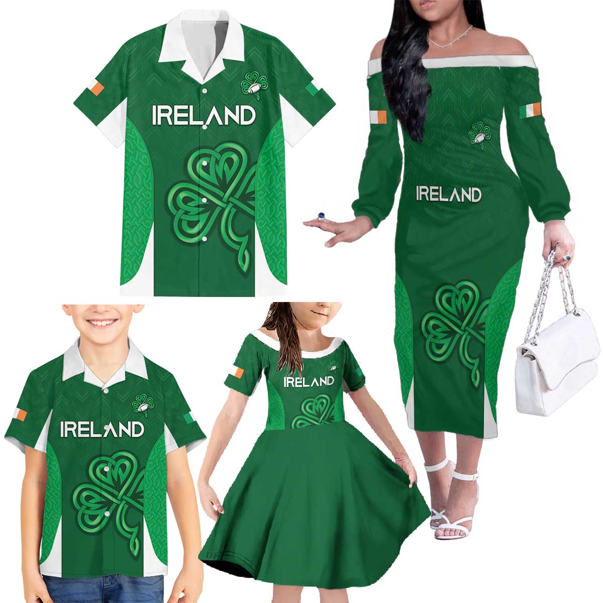 Custom Ireland Rugby Family Matching Off The Shoulder Long Sleeve Dress and Hawaiian Shirt Irish Celtic Shamrock