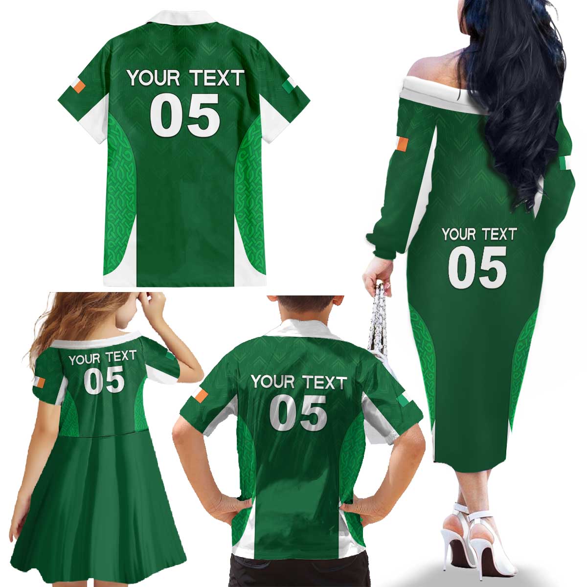 Custom Ireland Rugby Family Matching Off The Shoulder Long Sleeve Dress and Hawaiian Shirt Irish Celtic Shamrock