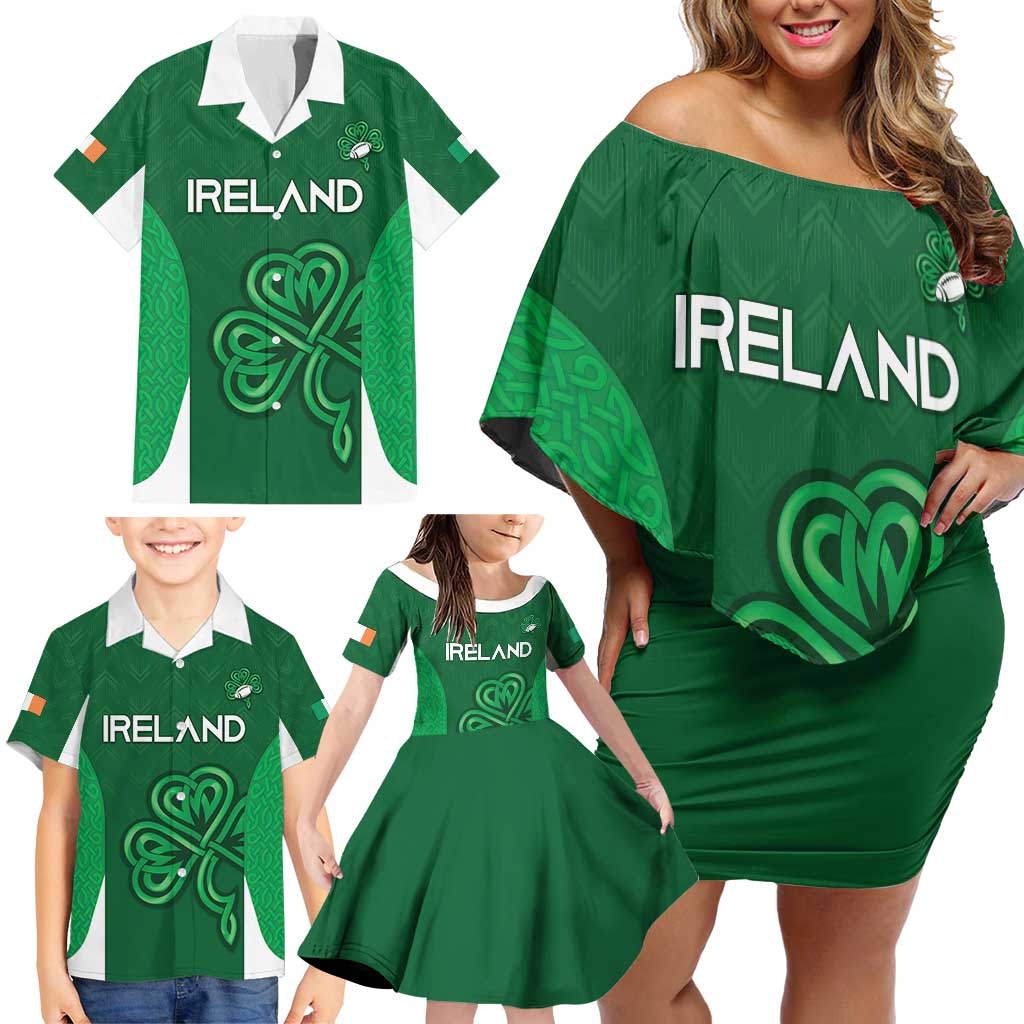 Custom Ireland Rugby Family Matching Off Shoulder Short Dress and Hawaiian Shirt Irish Celtic Shamrock