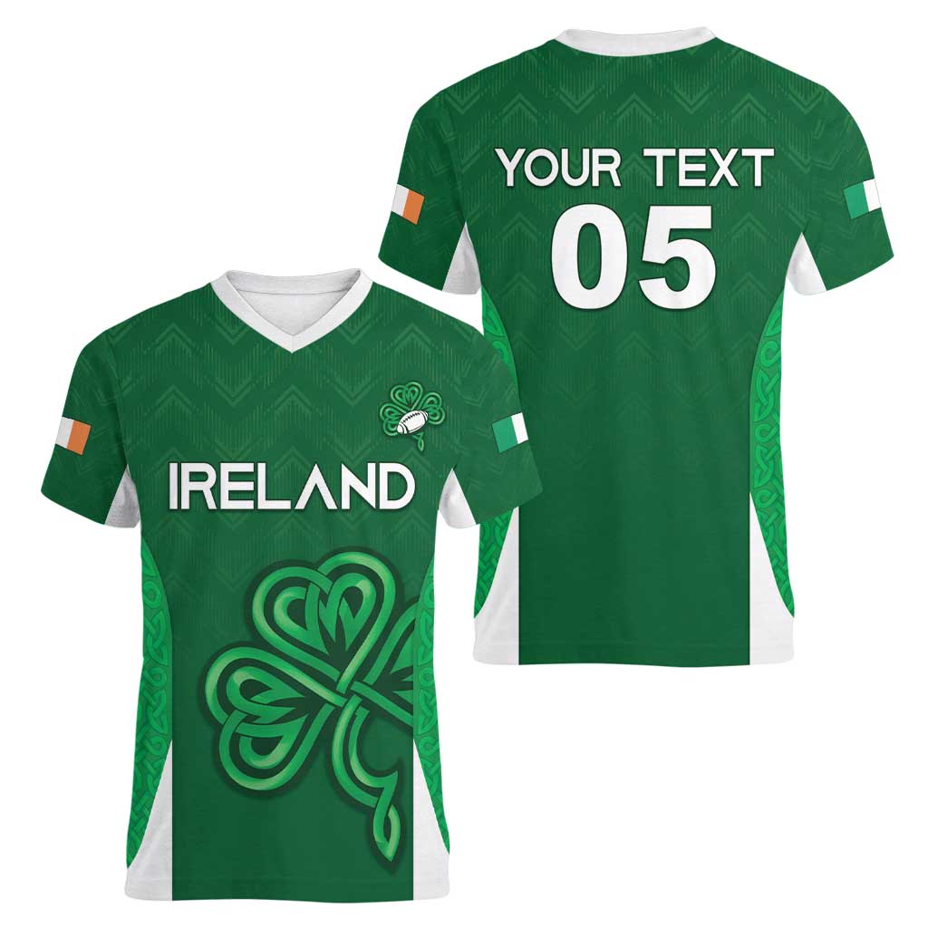 Custom Ireland Rugby Women V-Neck T-Shirt Irish Celtic Shamrock