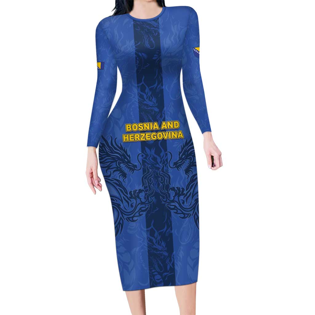 Custom Bosnia And Herzegovina Football Long Sleeve Bodycon Dress Zmajevi Rising Strong