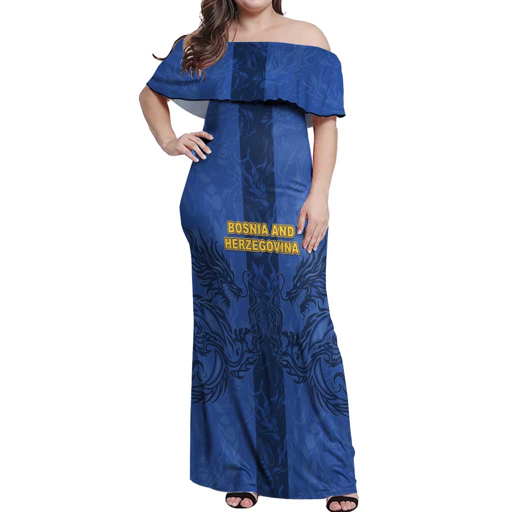 Custom Bosnia And Herzegovina Football Off Shoulder Maxi Dress Zmajevi Rising Strong