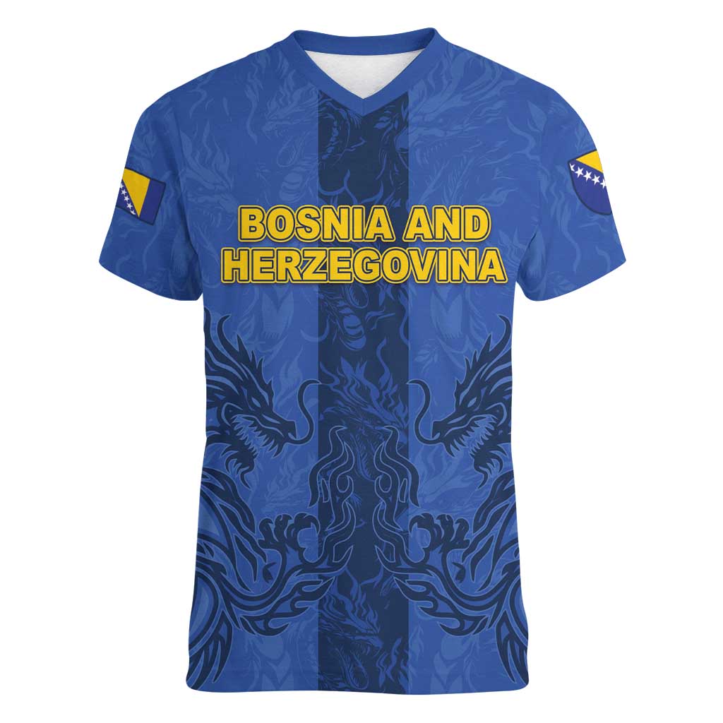 Custom Bosnia And Herzegovina Football Women V-Neck T-Shirt Zmajevi Rising Strong