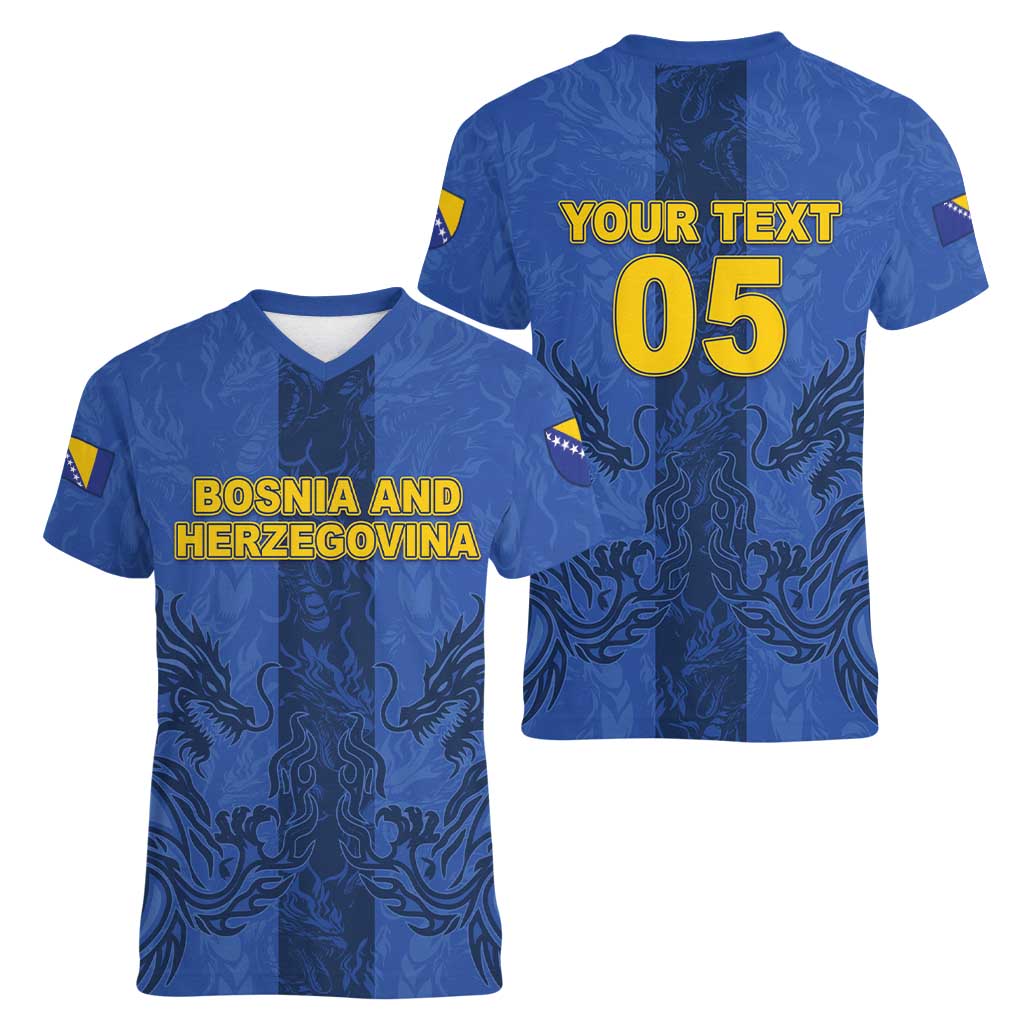 Custom Bosnia And Herzegovina Football Women V-Neck T-Shirt Zmajevi Rising Strong