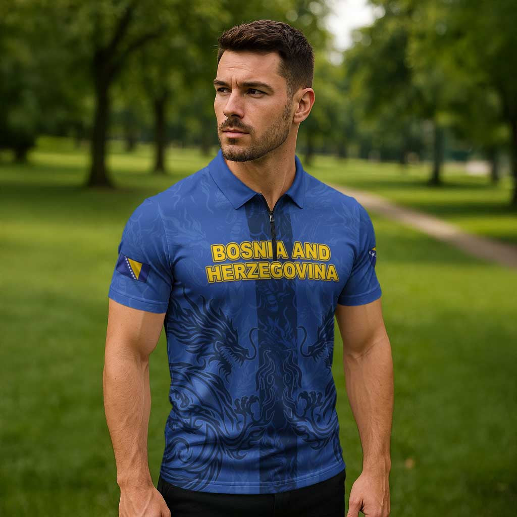 Custom Bosnia And Herzegovina Football Zipper Polo Shirt Zmajevi Rising Strong