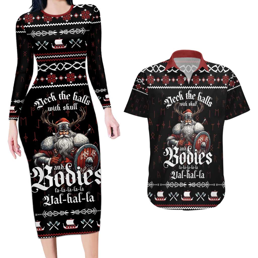 Funny Vikings Christmas Couples Matching Long Sleeve Bodycon Dress and Hawaiian Shirt Falalalala Valhalla LT05 - Wonder Print Shop