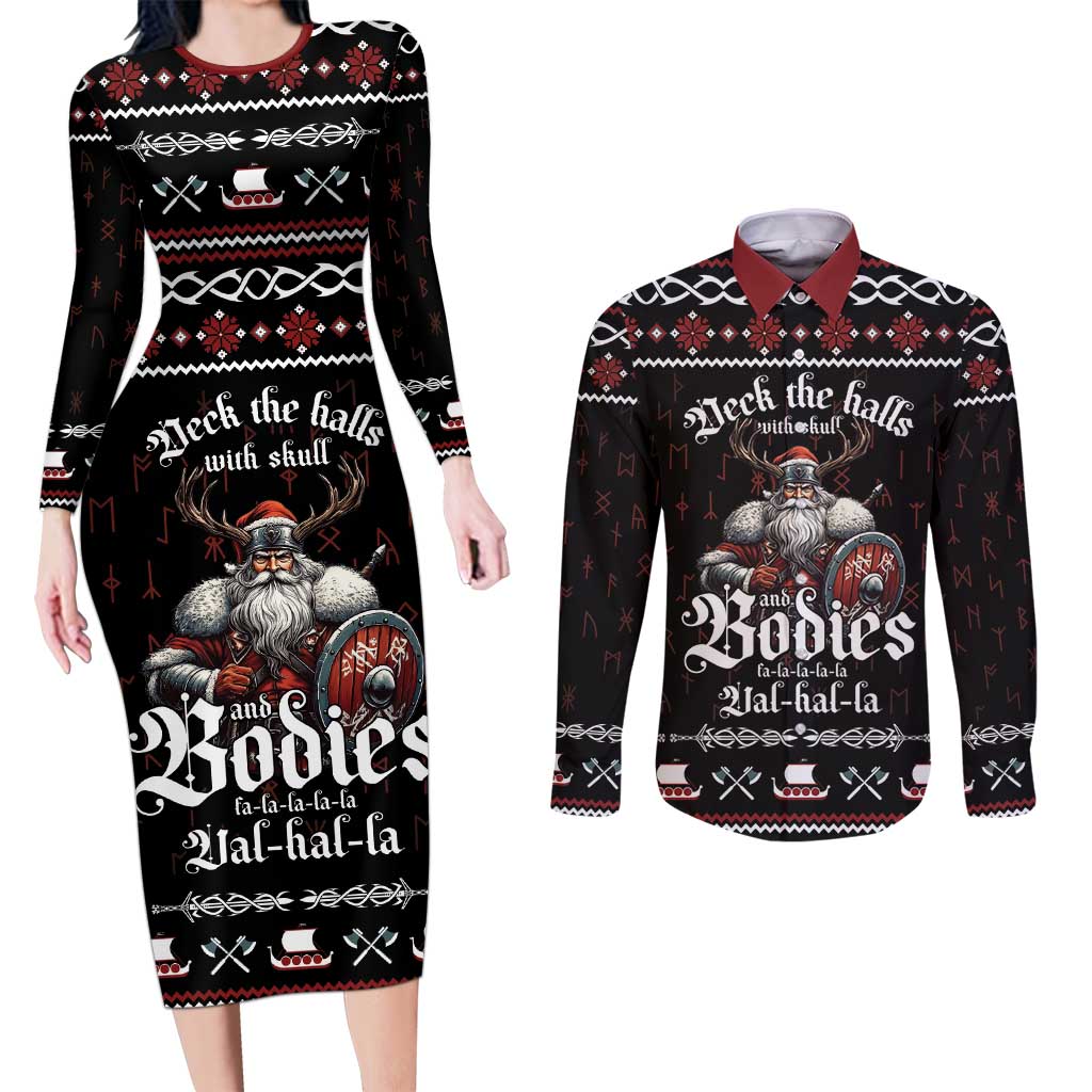 Funny Vikings Christmas Couples Matching Long Sleeve Bodycon Dress and Long Sleeve Button Shirt Falalalala Valhalla LT05 - Wonder Print Shop