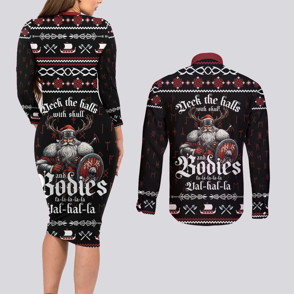 Funny Vikings Christmas Couples Matching Long Sleeve Bodycon Dress and Long Sleeve Button Shirt Falalalala Valhalla LT05 - Wonder Print Shop
