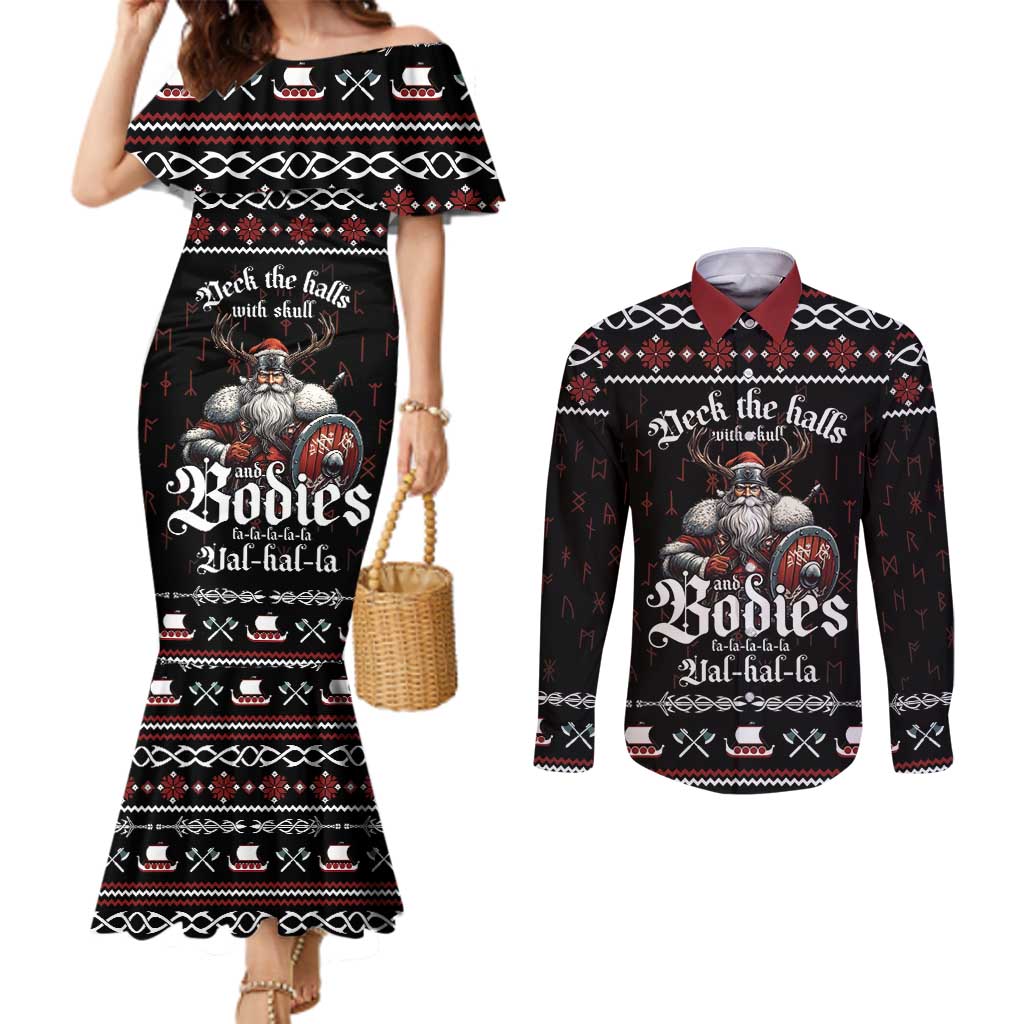 Funny Vikings Christmas Couples Matching Mermaid Dress and Long Sleeve Button Shirt Falalalala Valhalla
