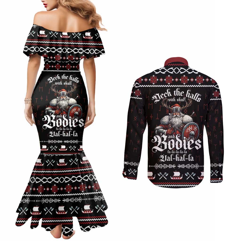 Funny Vikings Christmas Couples Matching Mermaid Dress and Long Sleeve Button Shirt Falalalala Valhalla