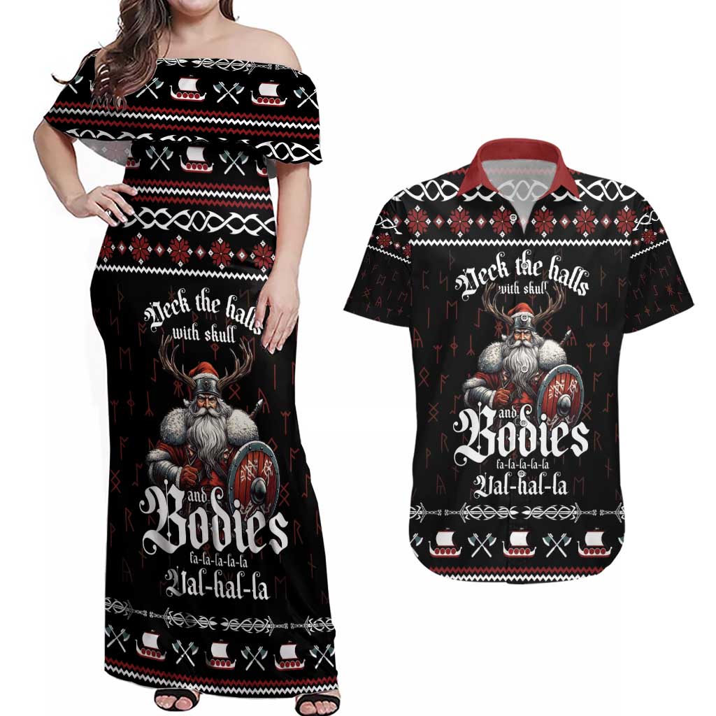 Funny Vikings Christmas Couples Matching Off Shoulder Maxi Dress and Hawaiian Shirt Falalalala Valhalla LT05 - Wonder Print Shop