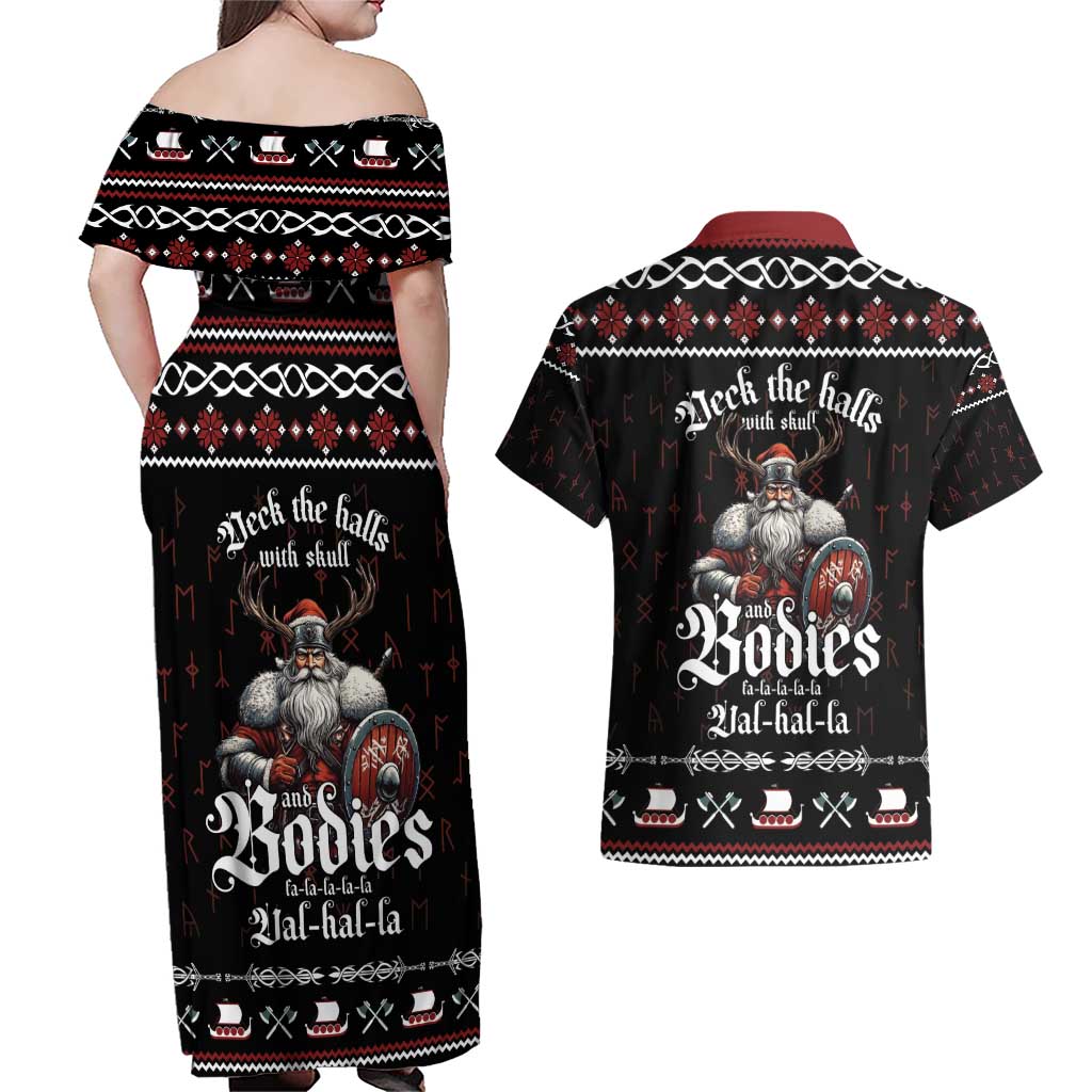 Funny Vikings Christmas Couples Matching Off Shoulder Maxi Dress and Hawaiian Shirt Falalalala Valhalla LT05 - Wonder Print Shop