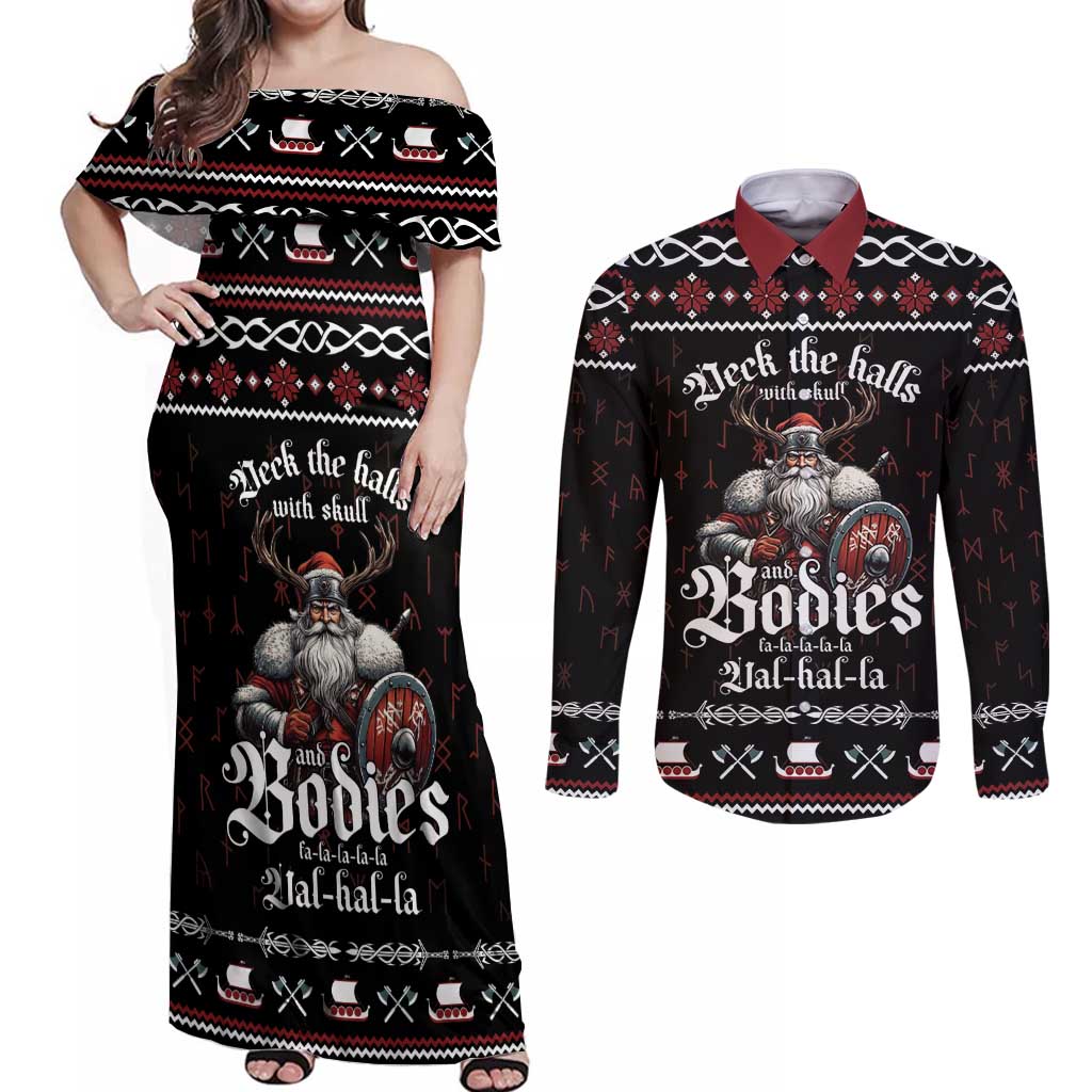 Funny Vikings Christmas Couples Matching Off Shoulder Maxi Dress and Long Sleeve Button Shirt Falalalala Valhalla LT05 - Wonder Print Shop