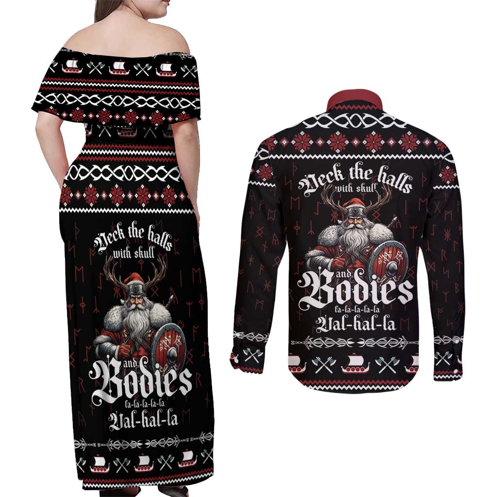 Funny Vikings Christmas Couples Matching Off Shoulder Maxi Dress and Long Sleeve Button Shirt Falalalala Valhalla LT05 - Wonder Print Shop
