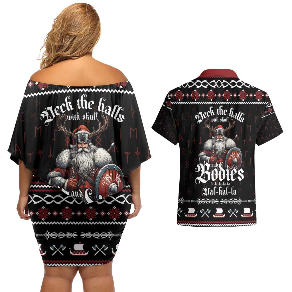 Funny Vikings Christmas Couples Matching Off Shoulder Short Dress and Hawaiian Shirt Falalalala Valhalla LT05 - Wonder Print Shop