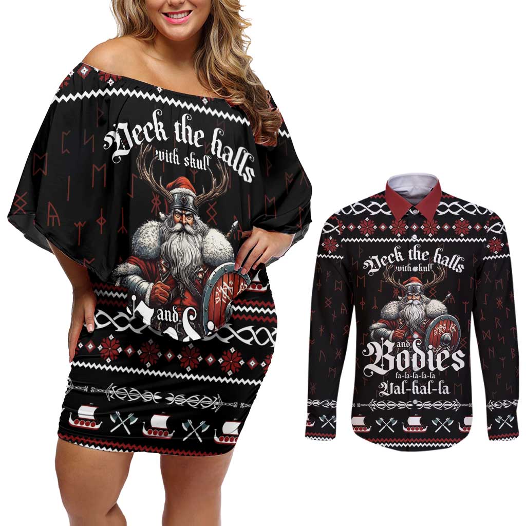 Funny Vikings Christmas Couples Matching Off Shoulder Short Dress and Long Sleeve Button Shirt Falalalala Valhalla LT05 - Wonder Print Shop