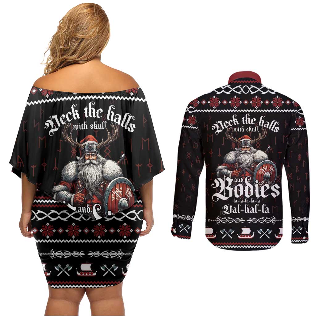 Funny Vikings Christmas Couples Matching Off Shoulder Short Dress and Long Sleeve Button Shirt Falalalala Valhalla LT05 - Wonder Print Shop