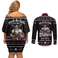 Funny Vikings Christmas Couples Matching Off Shoulder Short Dress and Long Sleeve Button Shirt Falalalala Valhalla LT05 - Wonder Print Shop