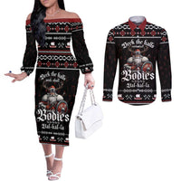 Funny Vikings Christmas Couples Matching Off The Shoulder Long Sleeve Dress and Long Sleeve Button Shirt Falalalala Valhalla