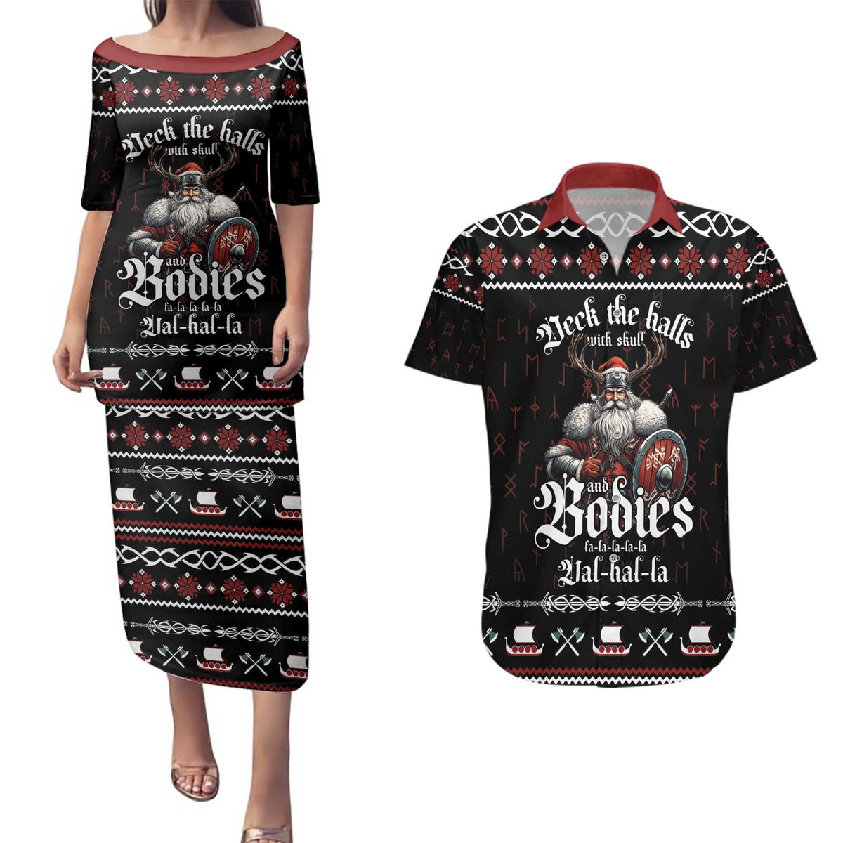 Funny Vikings Christmas Couples Matching Puletasi and Hawaiian Shirt Falalalala Valhalla LT05 - Wonder Print Shop