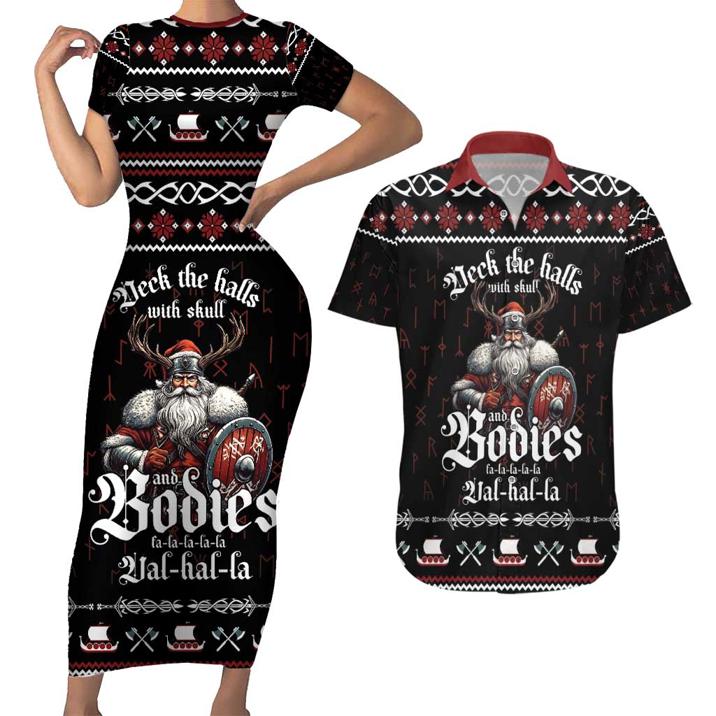 Funny Vikings Christmas Couples Matching Short Sleeve Bodycon Dress and Hawaiian Shirt Falalalala Valhalla LT05 - Wonder Print Shop