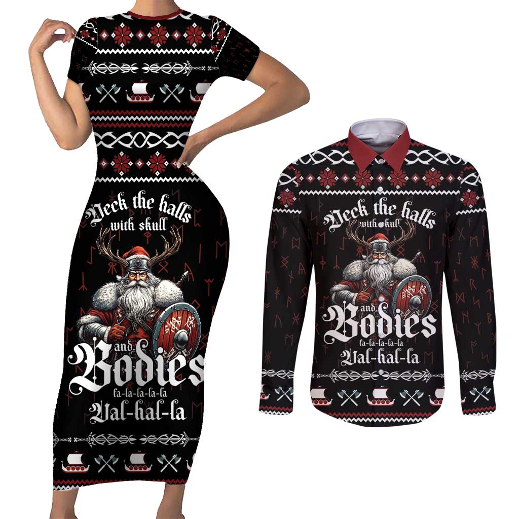 Funny Vikings Christmas Couples Matching Short Sleeve Bodycon Dress and Long Sleeve Button Shirt Falalalala Valhalla LT05 - Wonder Print Shop
