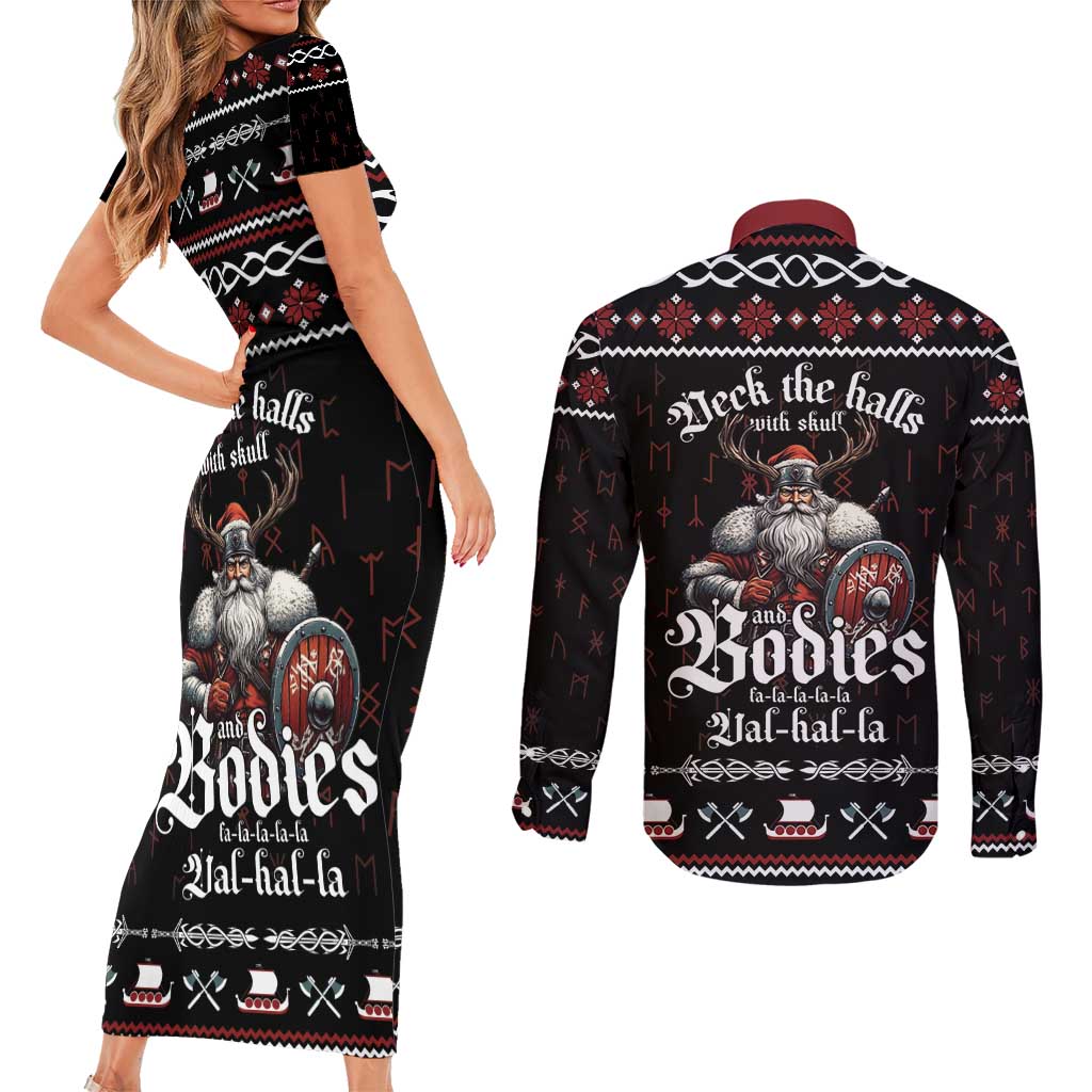 Funny Vikings Christmas Couples Matching Short Sleeve Bodycon Dress and Long Sleeve Button Shirt Falalalala Valhalla LT05 - Wonder Print Shop
