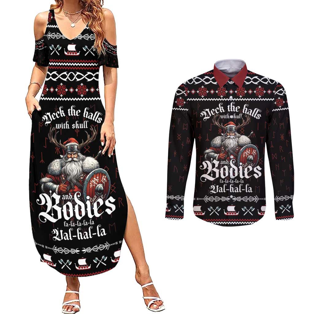 Funny Vikings Christmas Couples Matching Summer Maxi Dress and Long Sleeve Button Shirt Falalalala Valhalla LT05 - Wonder Print Shop