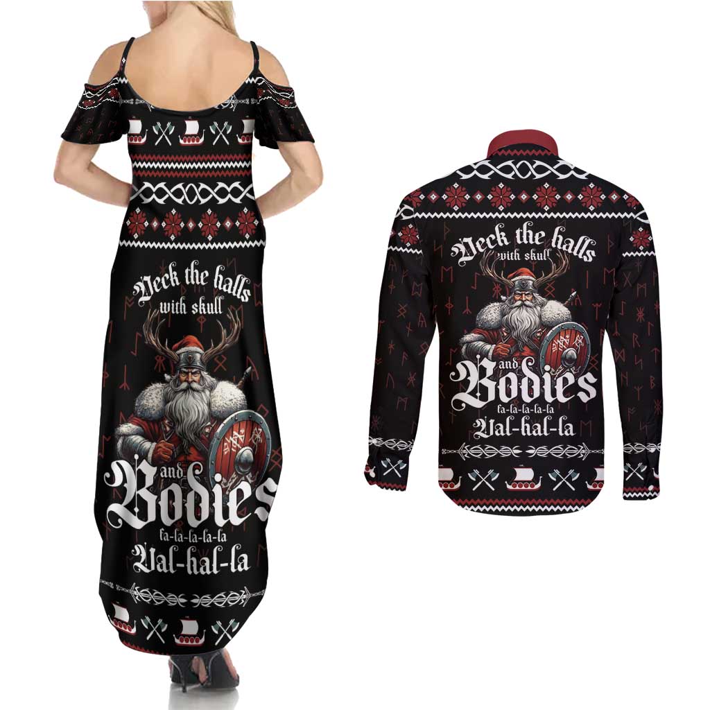 Funny Vikings Christmas Couples Matching Summer Maxi Dress and Long Sleeve Button Shirt Falalalala Valhalla LT05 - Wonder Print Shop
