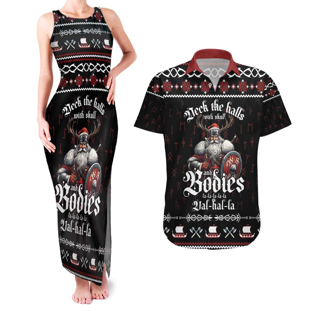 Funny Vikings Christmas Couples Matching Tank Maxi Dress and Hawaiian Shirt Falalalala Valhalla LT05 - Wonder Print Shop