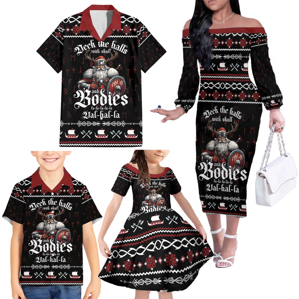 Funny Vikings Christmas Family Matching Off The Shoulder Long Sleeve Dress and Hawaiian Shirt Falalalala Valhalla LT05 - Wonder Print Shop