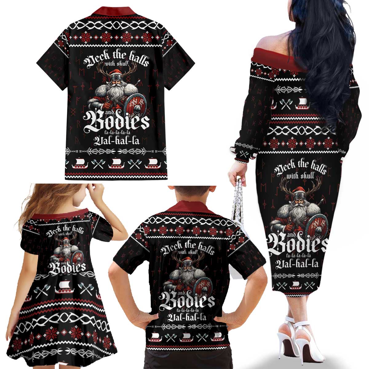 Funny Vikings Christmas Family Matching Off The Shoulder Long Sleeve Dress and Hawaiian Shirt Falalalala Valhalla LT05 - Wonder Print Shop