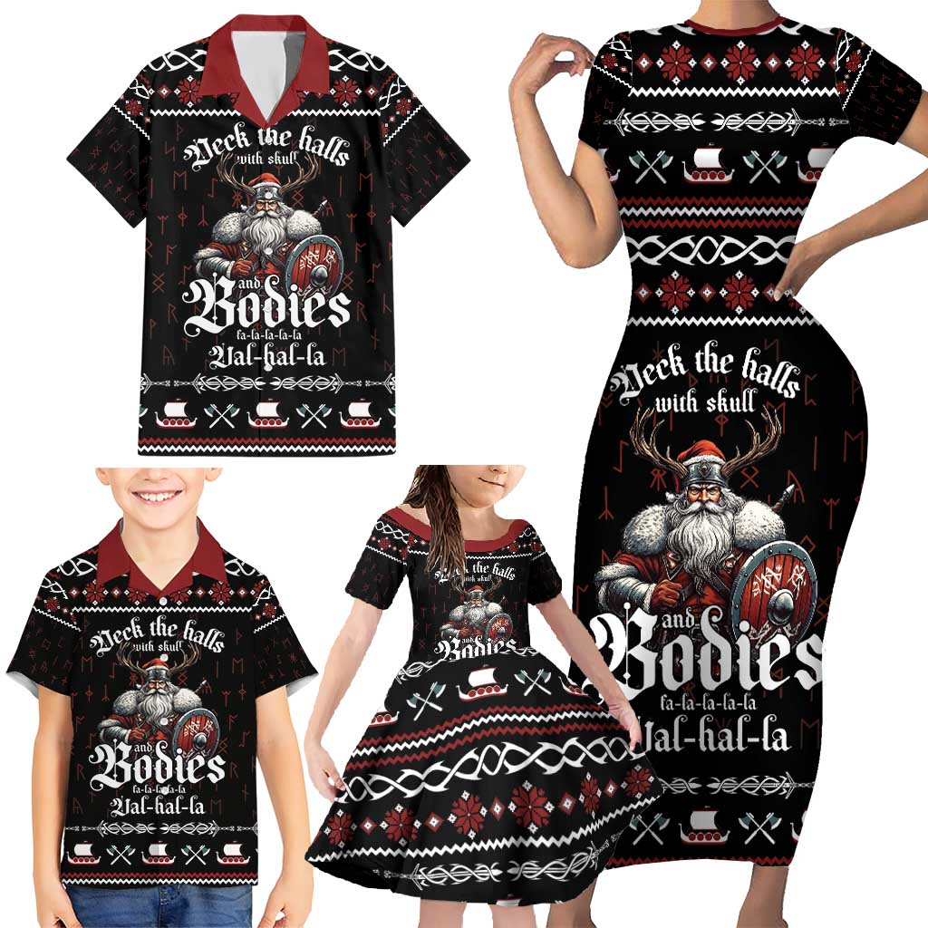 Funny Vikings Christmas Family Matching Short Sleeve Bodycon Dress and Hawaiian Shirt Falalalala Valhalla LT05 - Wonder Print Shop