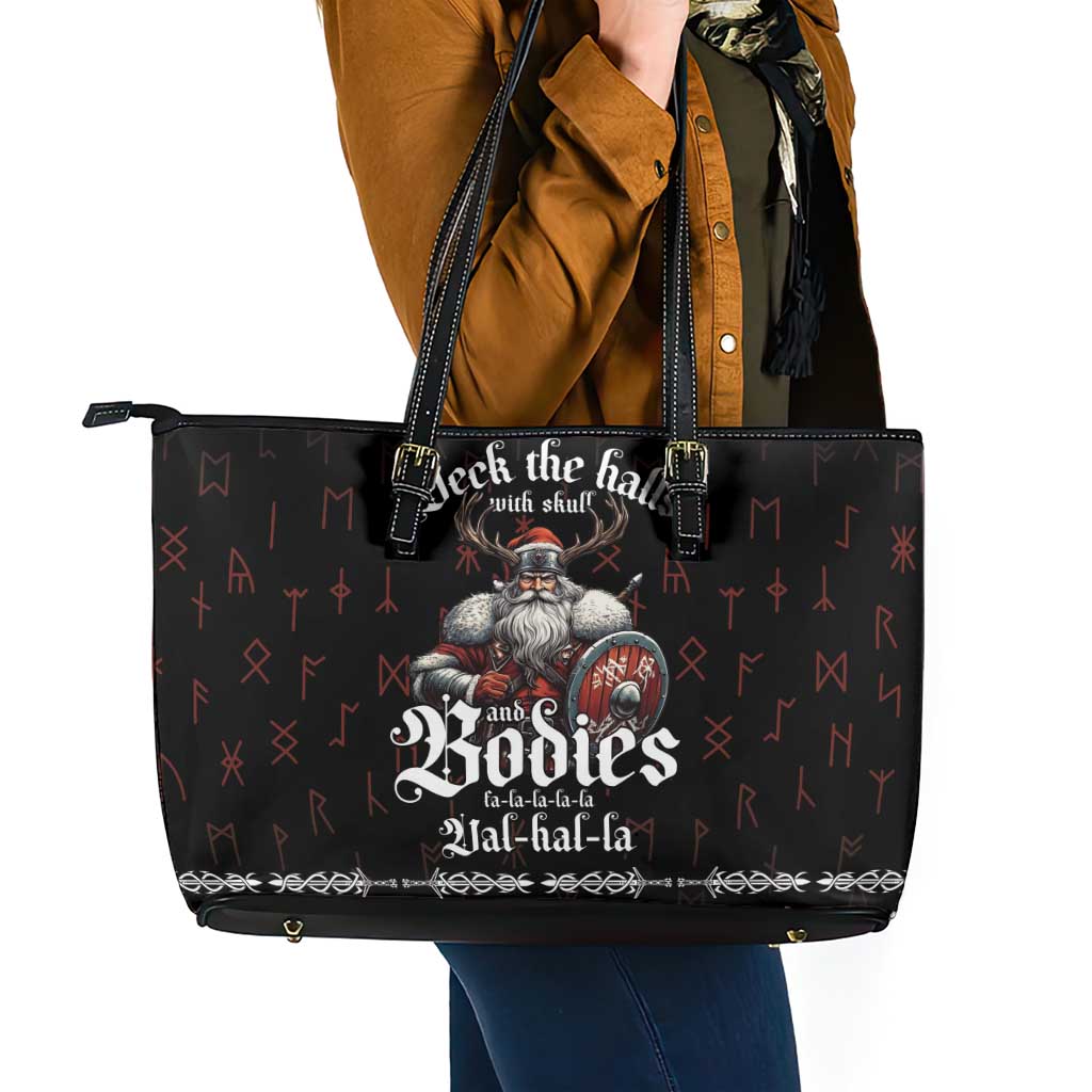 Funny Vikings Christmas Leather Tote Bag Falalalala Valhalla LT05 - Wonder Print Shop