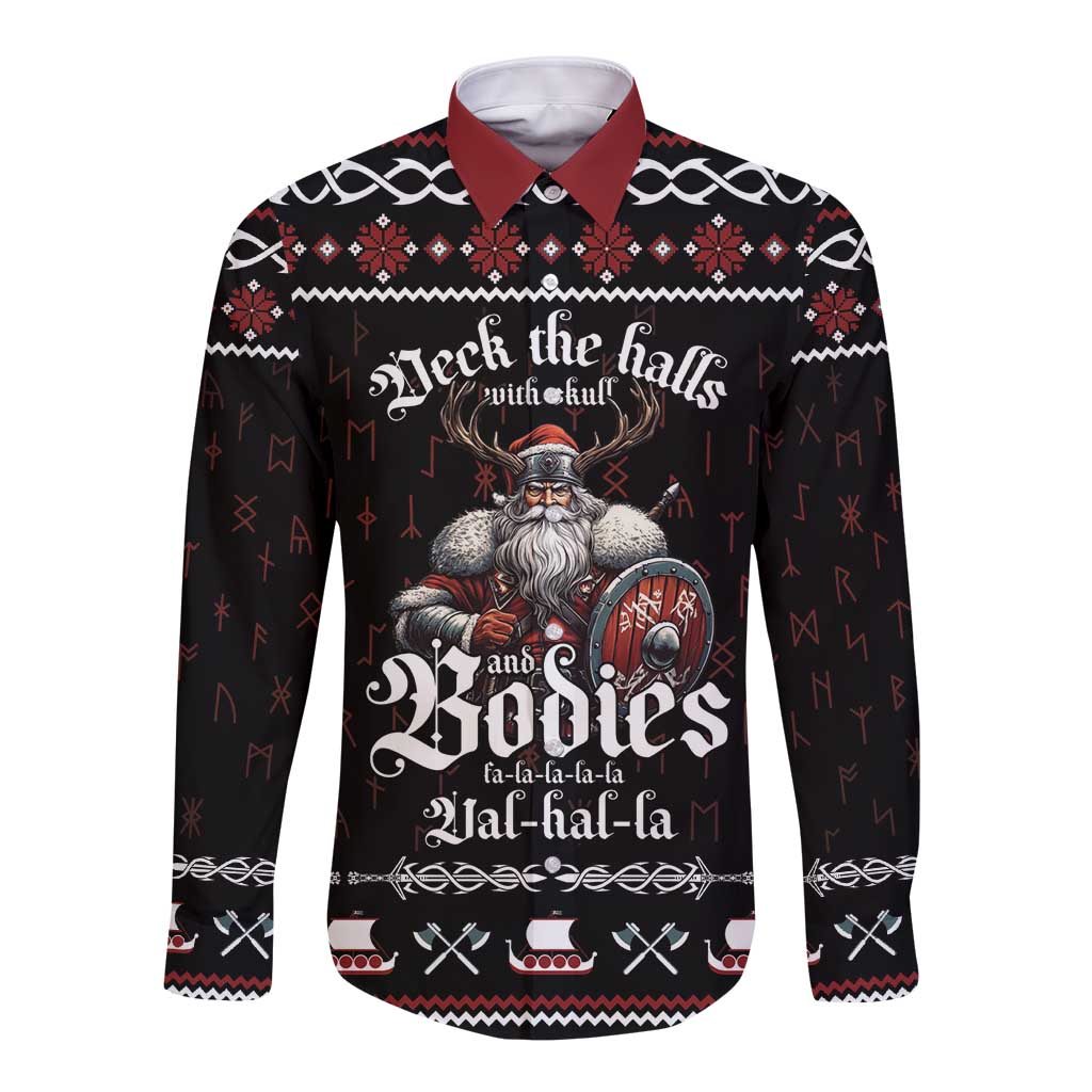 Funny Vikings Christmas Long Sleeve Button Shirt Falalalala Valhalla LT05 - Wonder Print Shop