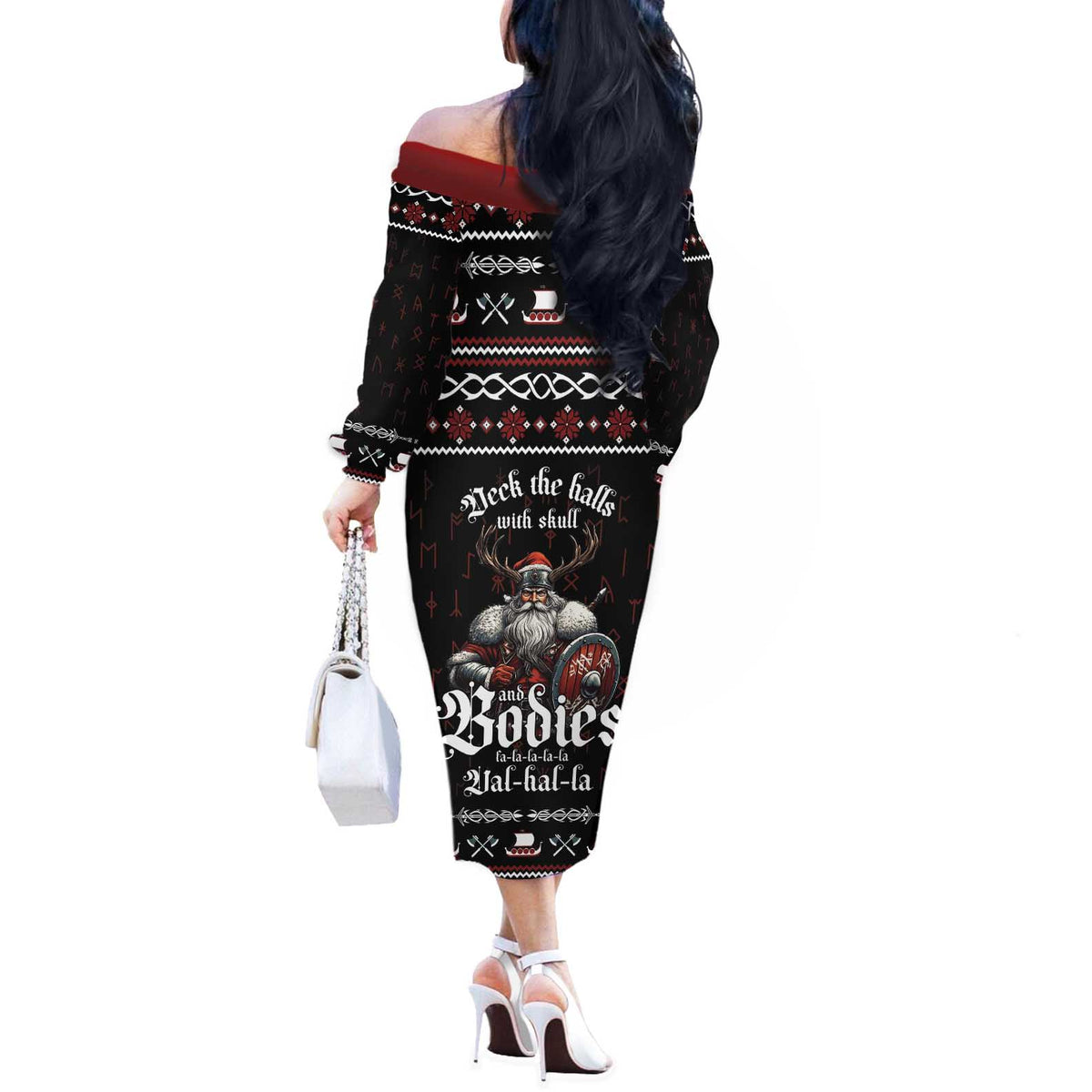Funny Vikings Christmas Off The Shoulder Long Sleeve Dress Falalalala Valhalla LT05 - Wonder Print Shop