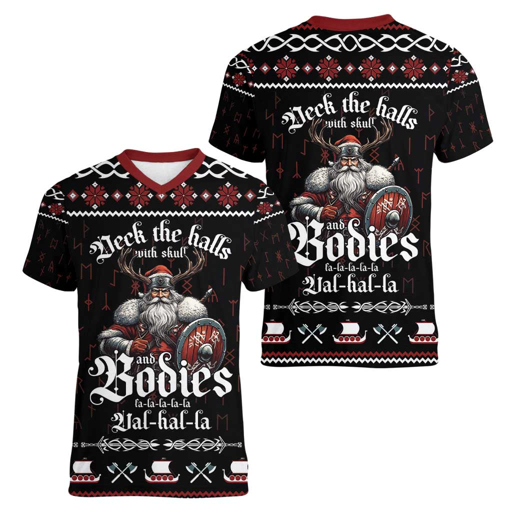 Funny Vikings Christmas Women V-Neck T-Shirt Falalalala Valhalla LT05 - Wonder Print Shop