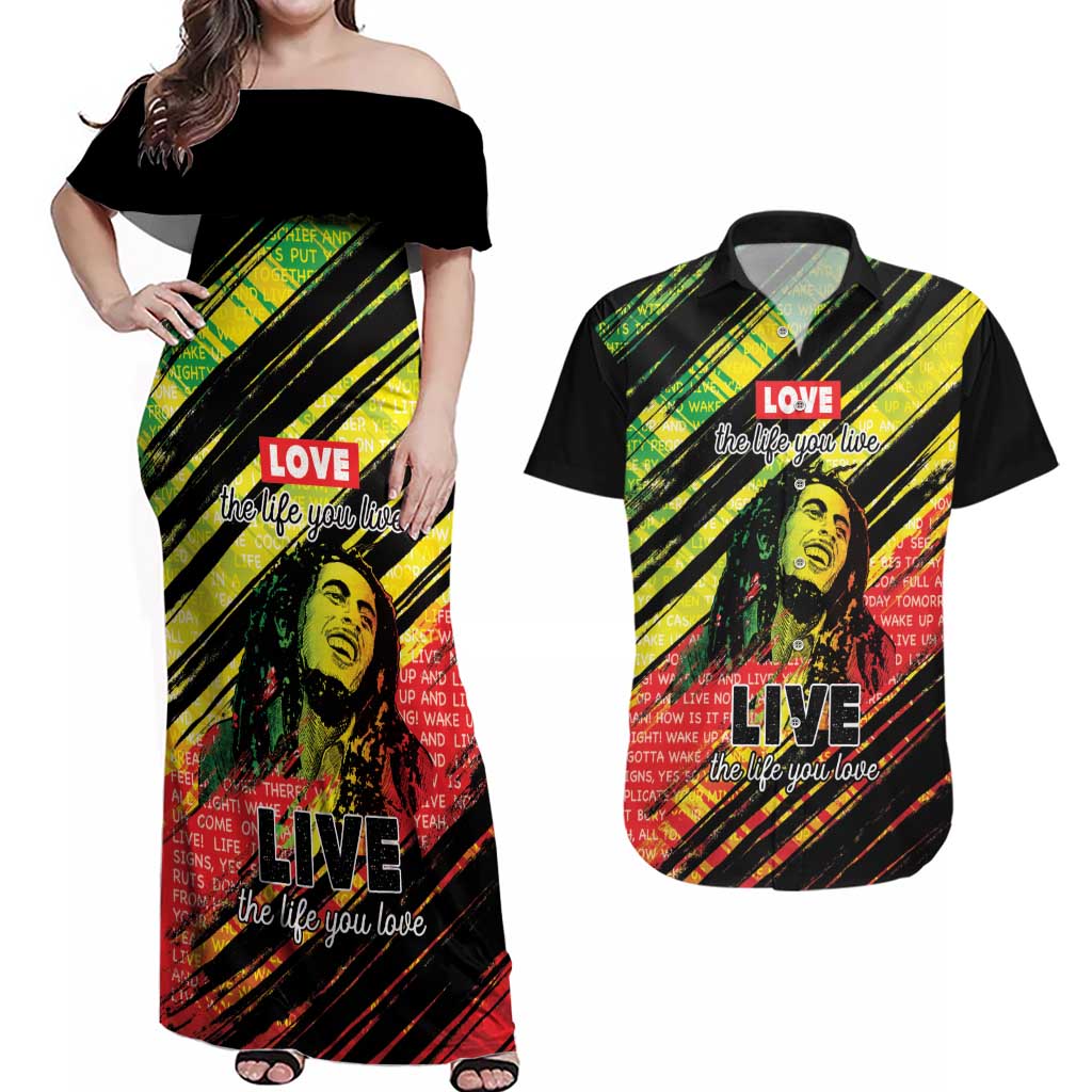 Reggae Legend Couples Matching Off Shoulder Maxi Dress and Hawaiian Shirt Love The Life You Live Live The Life You Love