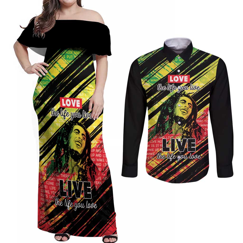 Reggae Legend Couples Matching Off Shoulder Maxi Dress and Long Sleeve Button Shirt Love The Life You Live Live The Life You Love