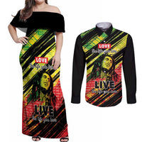 Reggae Legend Couples Matching Off Shoulder Maxi Dress and Long Sleeve Button Shirt Love The Life You Live Live The Life You Love
