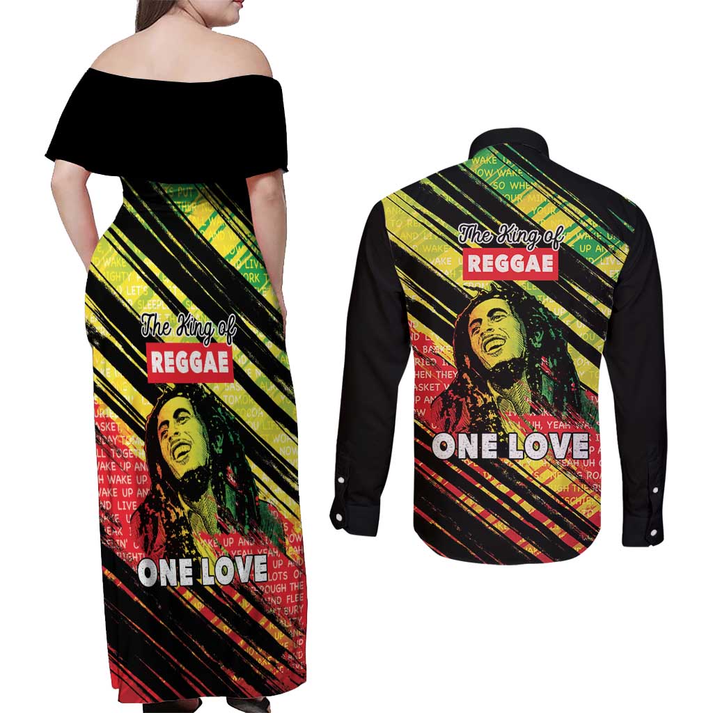 Reggae Legend Couples Matching Off Shoulder Maxi Dress and Long Sleeve Button Shirt Love The Life You Live Live The Life You Love