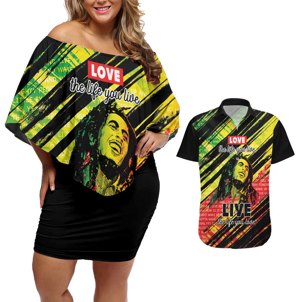 Reggae Legend Couples Matching Off Shoulder Short Dress and Hawaiian Shirt Love The Life You Live Live The Life You Love