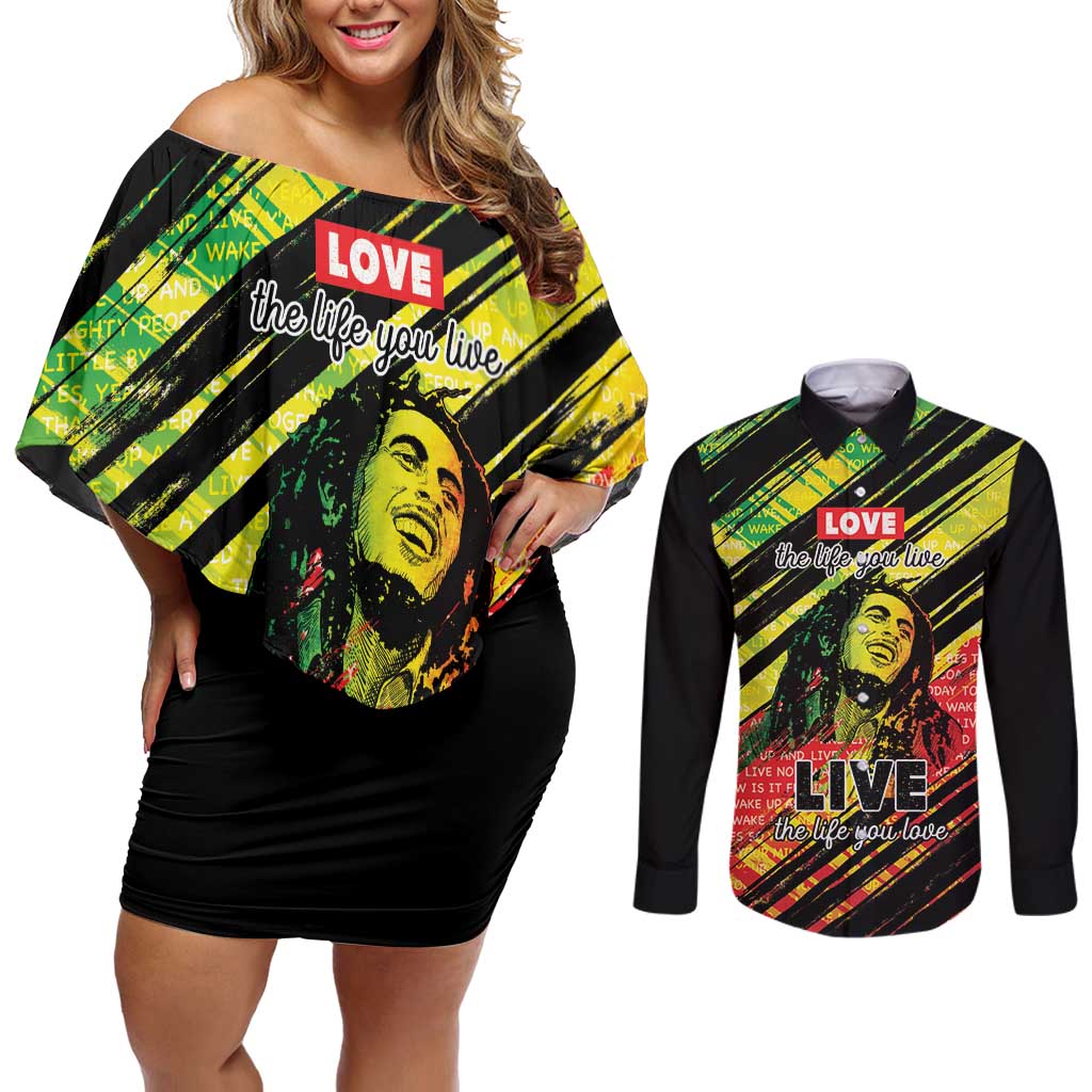 Reggae Legend Couples Matching Off Shoulder Short Dress and Long Sleeve Button Shirt Love The Life You Live Live The Life You Love