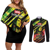 Reggae Legend Couples Matching Off Shoulder Short Dress and Long Sleeve Button Shirt Love The Life You Live Live The Life You Love